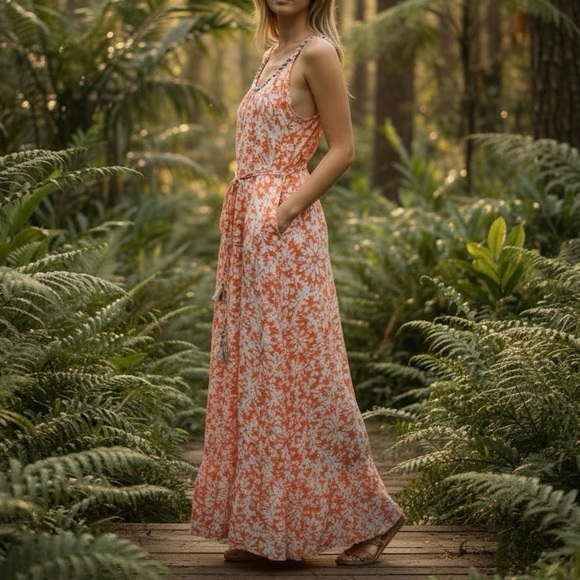 fab'rik Dresses & Skirts - Fab’rik Cotton Blend Bohemian Maxi Rope Halter Tank Flowy Orange Cream Floral